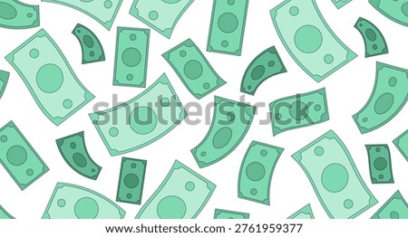 Paper money bills seamless pattern illustration. Payday banknotes. Repeat fill background. Tileable decorative graphic. All over print vector design in flat 2D style. Endless motif composition
