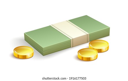 Paper money bundle and gold coins. Simple cartoon icon. Stock Vector illustration isolated on white transparent background.