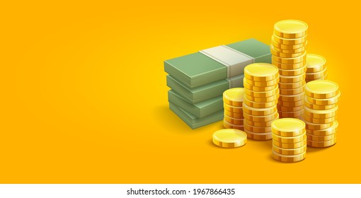 Paper money bundle and gold coins. Simple cartoon icon. Stock Vector illustration isolated on yellow background.