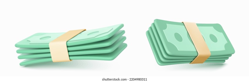 Paper money cash, bundles of dollar banknotes isolated on white background. 3d icons of bank currency, packs of green bills. Vector illustration of finance, economy, savings