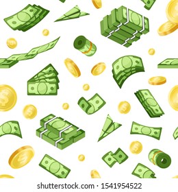 Paper money, cash flat vector seamless pattern. Green banknotes and golden coins cartoon texture. Financial success, wealth decorative background. Wallpaper, textile, wrapping paper design