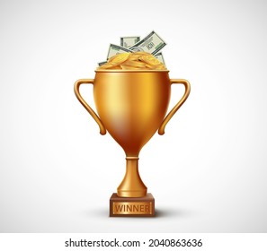 Paper money and coins dollars in the winners golden cup. Isolated on white background. Vector illustration.
