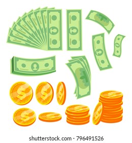 Paper Money And Coins Vector. Banknotes, Flying Bills. Pile Of Cash. Flip Different Angles. Isolated Flat Cartoon Illustration