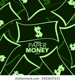 Paper Money Day event banner. Illustration of banknotes with bold text on dark green background to commemorate on March