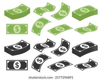 Paper money dollar icon vector illustration isolated. Money cash vector design or paper currency icons collection in green and black colors 