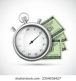 Paper money dollar with stopwatch. Isolated on white background. Vector icon