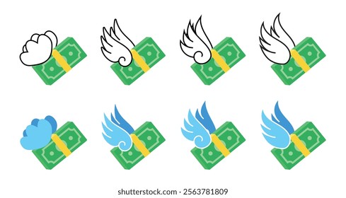 paper money flying with wings cute drawing flat