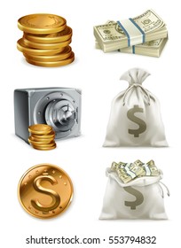 Paper Money, Gold Coin And Moneybag. 3d Vector Icon Set