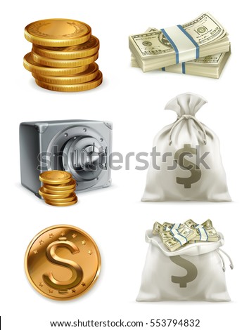 Paper money, gold coin and moneybag. 3d vector icon set