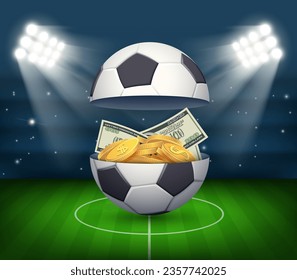 Dinero de papel y monedas de oro dentro de una pelota de fútbol. Premio por ganar competencias deportivas. Ilustración del vector