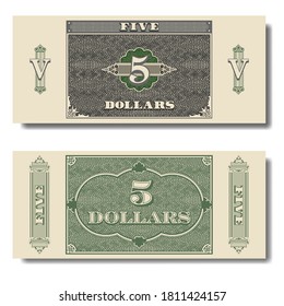 Paper money. Green and gray banknote of five dollars with guilloche grid. Part seven. EPS10
