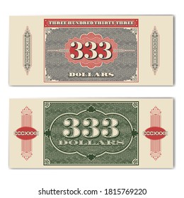 Paper money. Green red gray banknote of three hundred thirty three dollars with guilloche grid. 333. EPS10