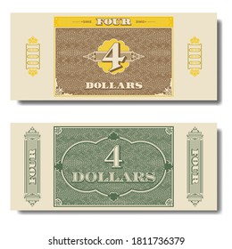 Paper money. Green, yellow and brown banknote of four dollars with guilloche grid. Part eight. EPS10