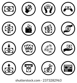 Papiergeld-Symbole. Schwarzes Flachdesign im Kreis. Vektorgrafik.