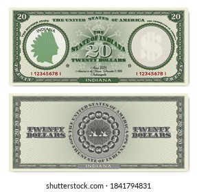 Paper money obverse and reverse. Fictional American 20 dollars note is dedicated to the state of Indiana. Indian head wearing a national feather crown. Human profile from thin lines. EPS10