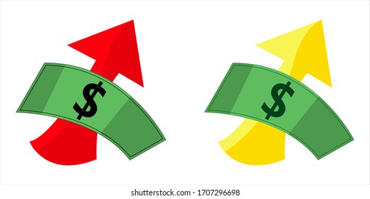 Paper money on golden or red up arrow background. Finance and growth concept. Economic deposits flat illustration. 