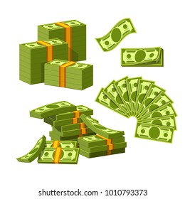 Paper money tied with yellow rubber bands lie in messy heap.