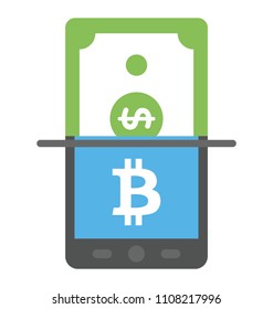 Paper money transforming in mobile with bitcoin sign, symbolizing online bitcoin currency exchange  
