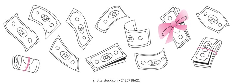 Paper money vector illustrations set. Bills stack, different angles, and bundle of money tied with a bow, isolated on white background. Falling banknotes linear graphic. Editable stroke.
