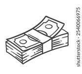 Paper money wad line icon. Outline hand drawn banknotes stack, pile of currency for rich millionaire. Financial success, prize or jackpot mascot, cash money from bank icon vector illustration