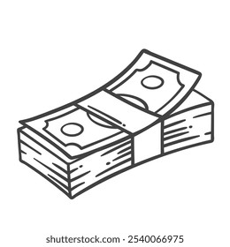 Paper money wad line icon. Outline hand drawn banknotes stack, pile of currency for rich millionaire. Financial success, prize or jackpot mascot, cash money from bank icon vector illustration