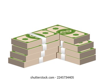 paper money which piled up with cash bills. Keeping money in bank. Deposit, wealth, accumulation and inheritance. Flat vector cartoon money illustration. Objects isolated on a white background.