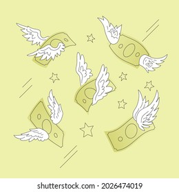 Paper money with wings vector illustration isolated on green background. Flying money with wings. Modern comic or cartoon design.