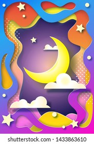 Paper moon vector illustration in style papercut. Abstract shapes and stars. Sweet art for kid. Poster. 