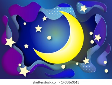 Paper moon vector illustration in style papercut. Abstract shapes and stars. Sweet art for kid. Poster. 