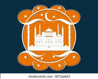 Paper Mosque. Blue Mosque. Ramadan Kareem celebration. Holy Month. Vector illustration.