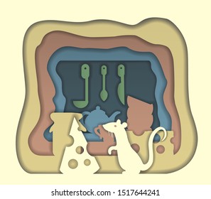 Paper mouse with cheese at home sitting on the kitchen shelf. Vector paper silhouette illustration.