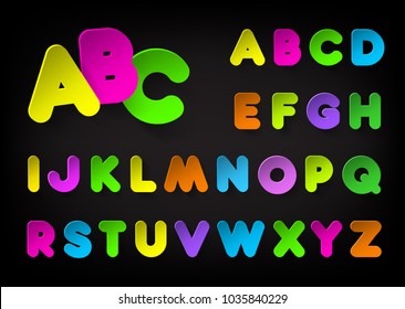Paper multicolor vector font in minimalism style. Decorative paper alphabet with shadow on a black background.