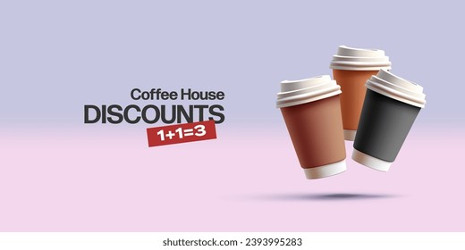Cubos multicolores de papel con tapas para café y té, 3D. Cartel para publicidad de descuentos en bebidas calientes. Ilustración vectorial.
