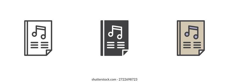 Papier mit Noten anderer Art Symbolsatz. Linie, ausgefüllte und ausgefüllte Umrissfarbe, Vektorzeichen und Symbol. Kreatives Icon-Paket für Audio-Dateien, Bildungs- und Buch-Icon-Kollektionen.