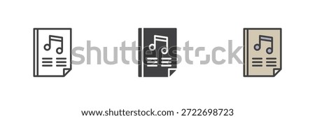 Paper with music note different style icon set. Line, solid and filled outline color vector sign and symbol. Creative icon pack for audio files, education and book icon collections.