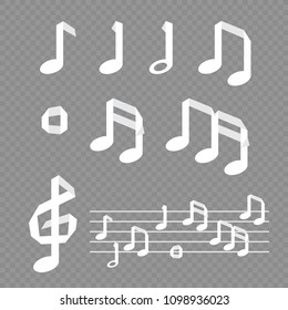 Paper music origami note on transparent gray background. Handmade musical treble clef and notes on staff melody
