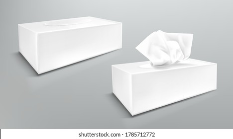 Paper napkin box mockup, close and open blank packages with tissue wipes side view. Hygiene accessories, white carton packages isolated on grey background, realistic 3d vector illustration, mock up