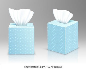 Paper napkin boxes, open packages with tissue wipes front and side view. Hygiene accessories, blue carton packages with polka dots pattern isolated on grey background, realistic 3d vector illustration