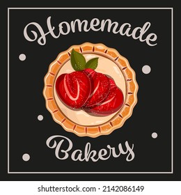 Paper napkin design for bakery. strawberry dessert. tart with strawberries and cream.
