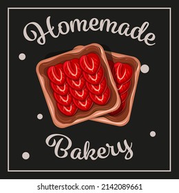 Paper napkin design for bakery. strawberry dessert. Sandwich with chocolate spread and strawberries
