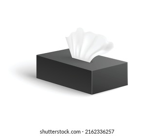 Paper napkin inside of cardboard rectangular box, realistic 3d vector illustration isolated on white background. Opened black package for facial tissues or handkerchiefs.