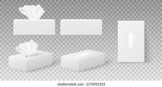 Paper napkins boxes set, opened and closed package, realistic 3d vector illustration isolated on transparent background. Facial tissues inside of box from different angles.