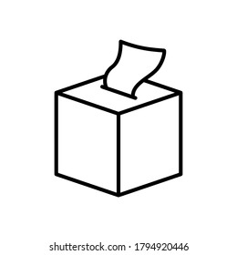 Paper napkins in square box. Linear icon of isometric packaging of disposable wipes. Black simple illustration of personal hygiene products. Contour isolated vector pictogram, white background