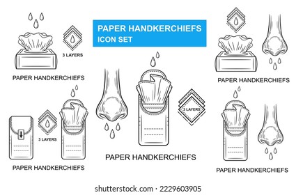 Paper napkins tissues box, hygienic disposable handkerchief for runny nose line icon set. Open dry clean wipes package. Cleaning facial skin hygiene towel pack on flu, allergy rhinitis disease. Vector