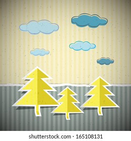 Paper Nature Cardboard Background with Trees and Clouds