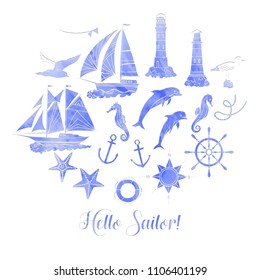 Paper nautical background with sailing vessels and wheel. Hand drawn elements for summer holidays.Travel, marin and ocean. Vector Illustration