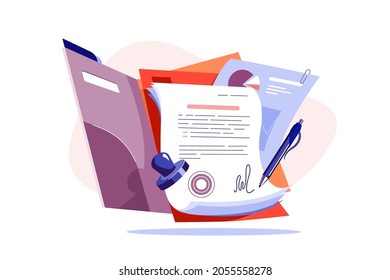 Paper for new business contract vector illustration. Successful work deal with stamp flat style. Agreement, signature, deal, success concept