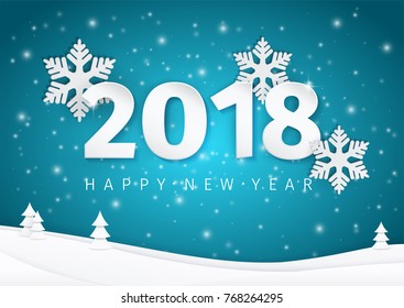 Paper New Year 2018 text design with 3d snowflakes on the shining deep blue landscape background with Christmas trees. Vector Illustration.