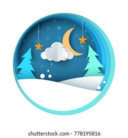 Paper night illustration. Fir, moon, cloud snow star Vector eps 10