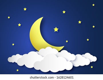 Paper night sky. Paper art origami style, clouds and crescent moon, stars midnight landscape, fantasy kids design wallpaper, vector baby lullaby dream background